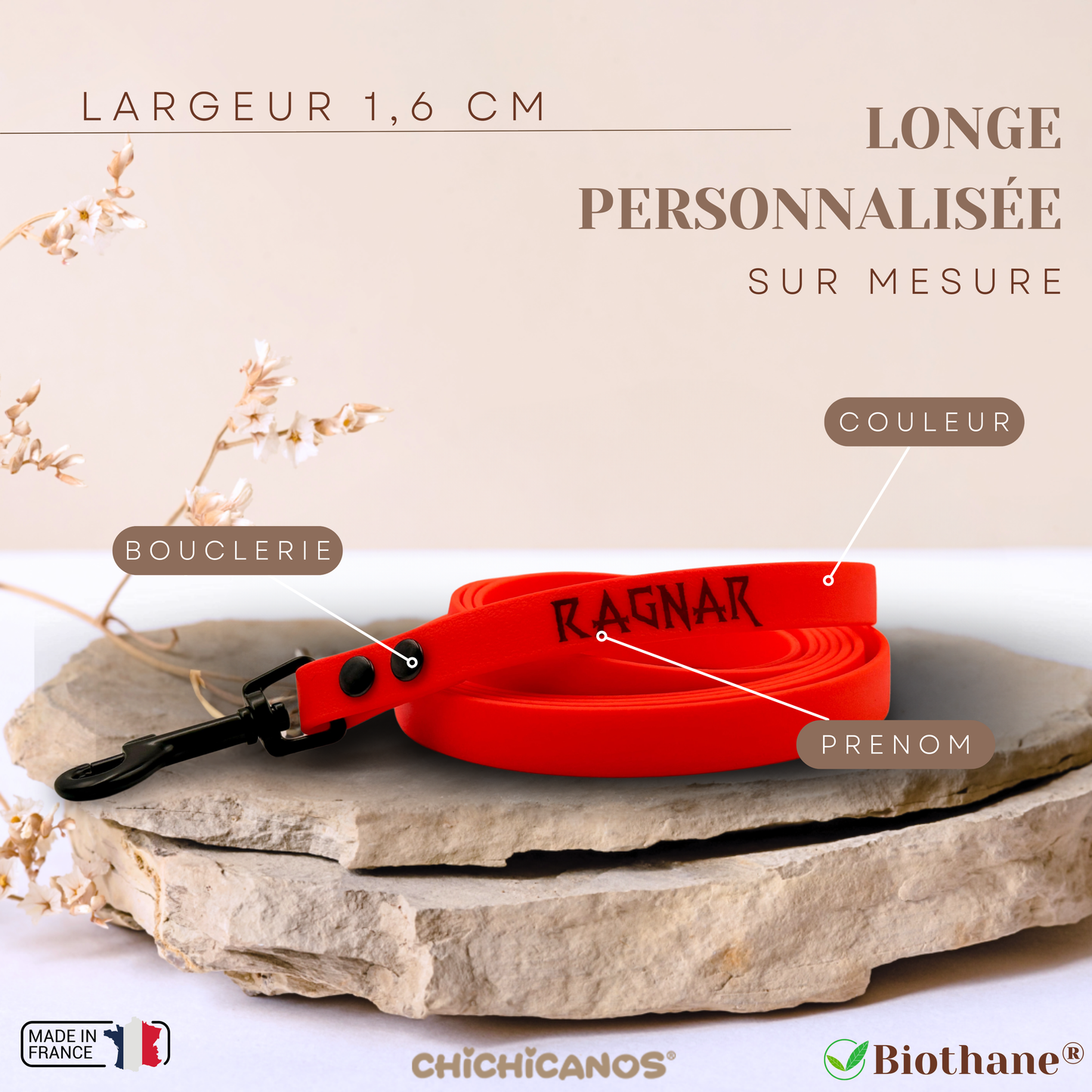 Longe 1,6 cm personnalisée en biothane