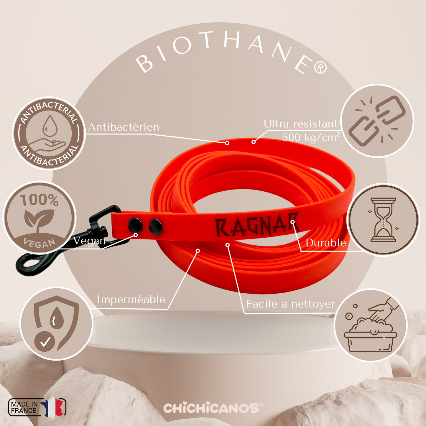 Longe 1,6 cm personnalisée en biothane